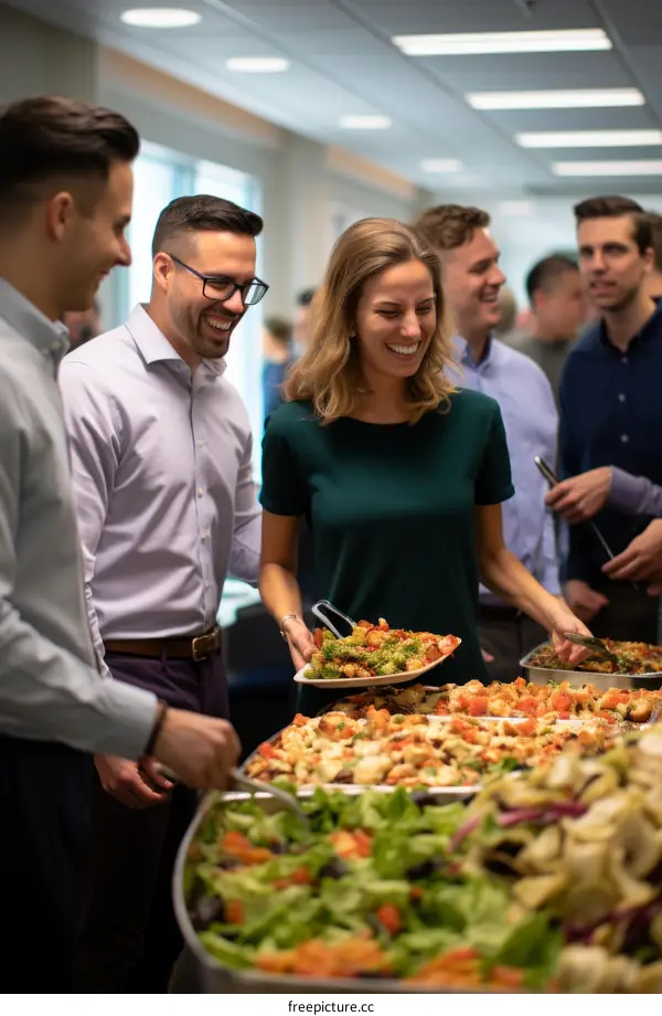 Colleagues enjoying a catered lunch in the office
