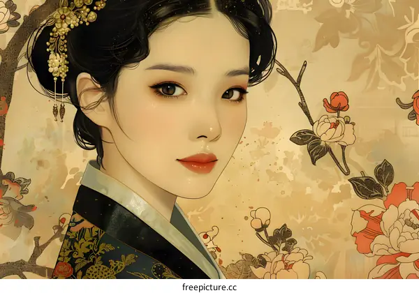 Elegant Asian Woman with Flowers in Hair
