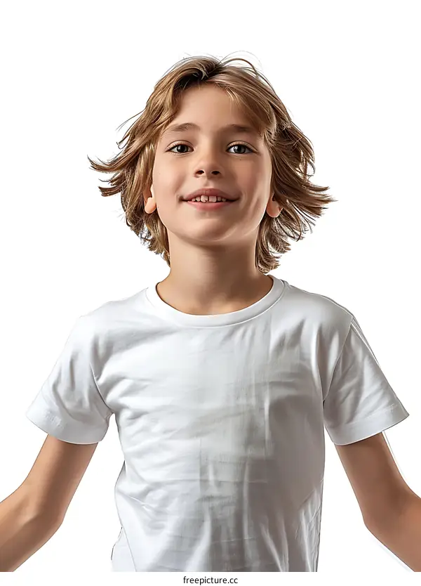 Smiling Caucasian Boy Wearing a White T-shirt