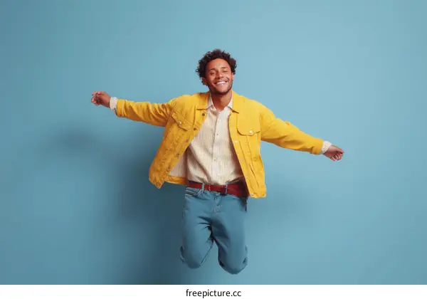 Happy Black Man Jumping in Yellow Jacket