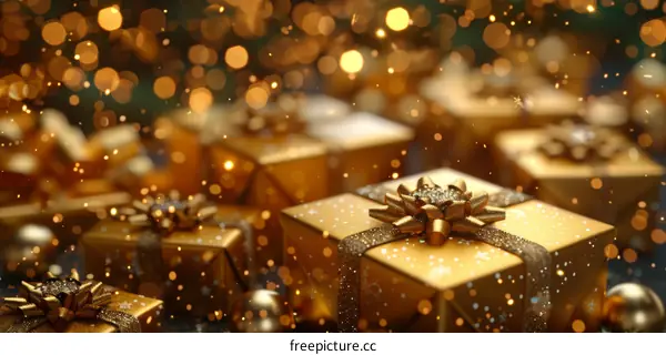 Golden Christmas Gift Boxes with Sparkling Background