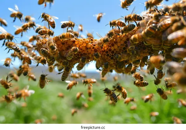 Honey bees swarming on a honeycomb in mid air
