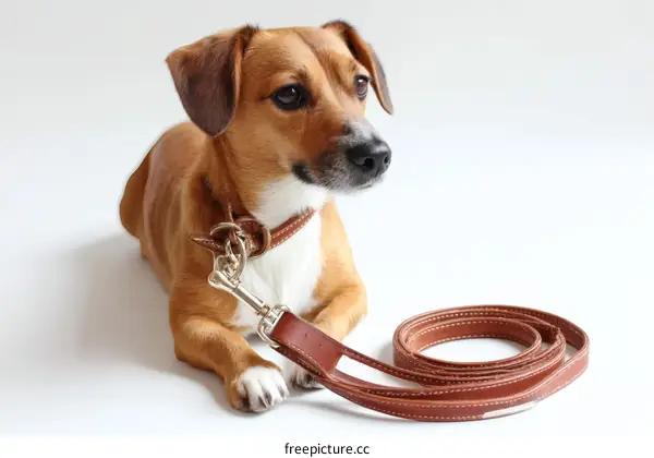 Dog with Leather Leash on White Background