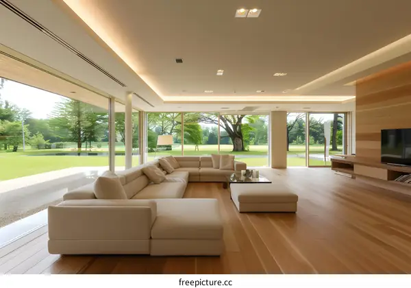 Modern Living Room with Large Windows and View of Green Grass