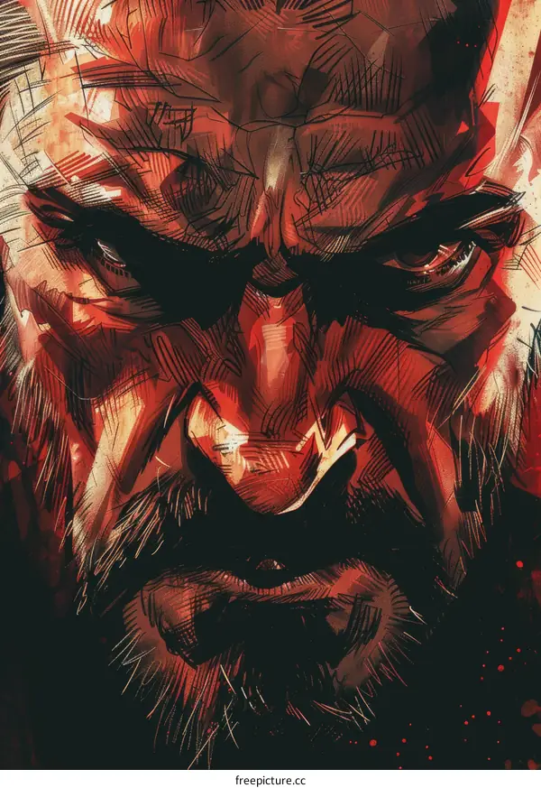 Red and black illustration of Kratos from the video game God of War