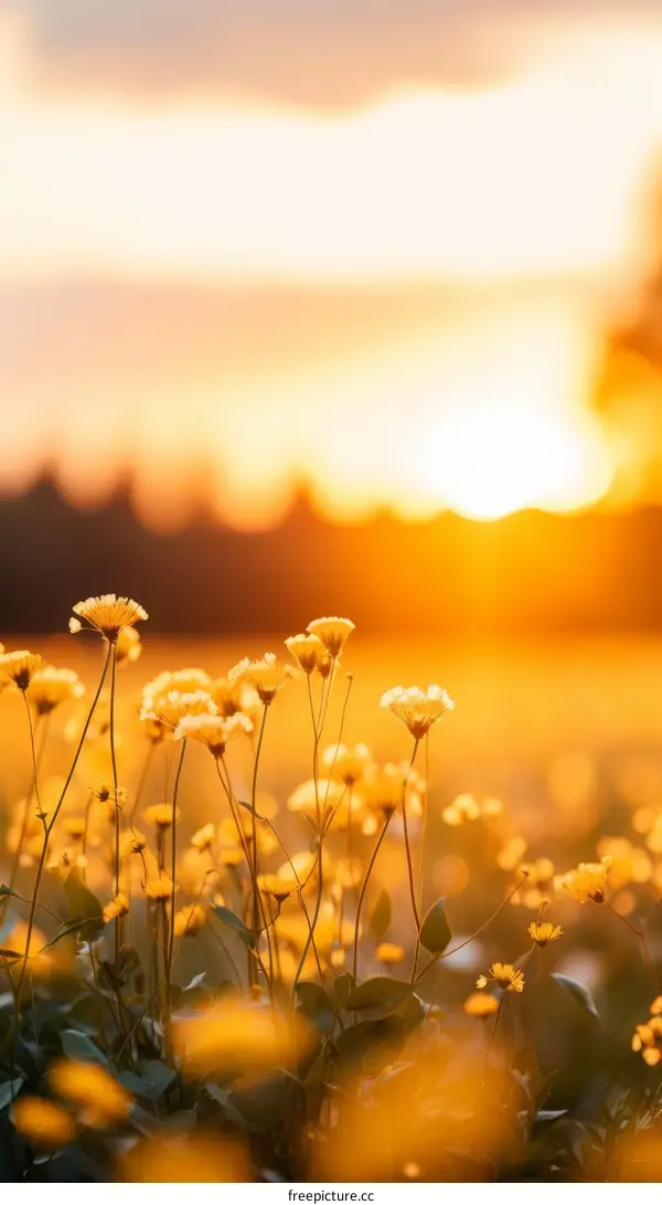 Field of yellow flowers in warm sunlight