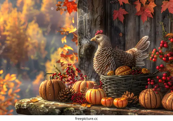 A Thanksgiving still life with a turkey, pumpkins, and gourds.