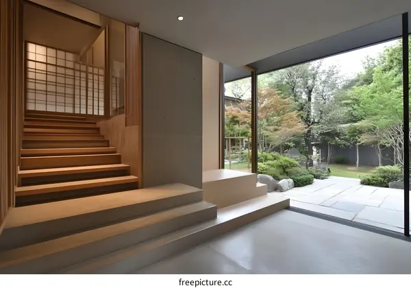 Modern Japanese House Interior Design with Wooden Stairs and a View of the Garden
