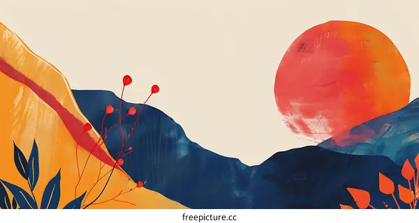 Abstract Mountain Landscape with Red Sun