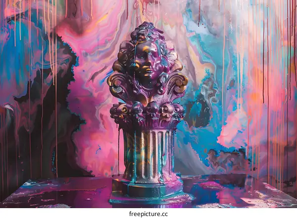 Glitter Covered Statue With Dripping Paint