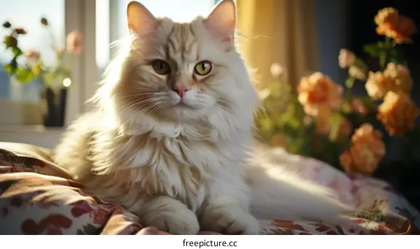 A ginger cat is sitting on a bed with flowers in the background