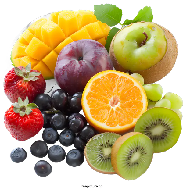 [Transparent Background PNG]Fresh Fruit Arrangement with Mango, Apple, Orange, Kiwi, Plum and Berries