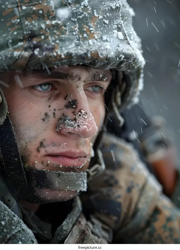 Close Up Portrait of a Soldier Covered in Snow and Mud