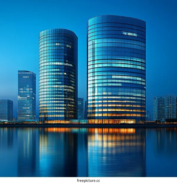 Modern City Skyline at Twilight with Reflected Skyscrapers