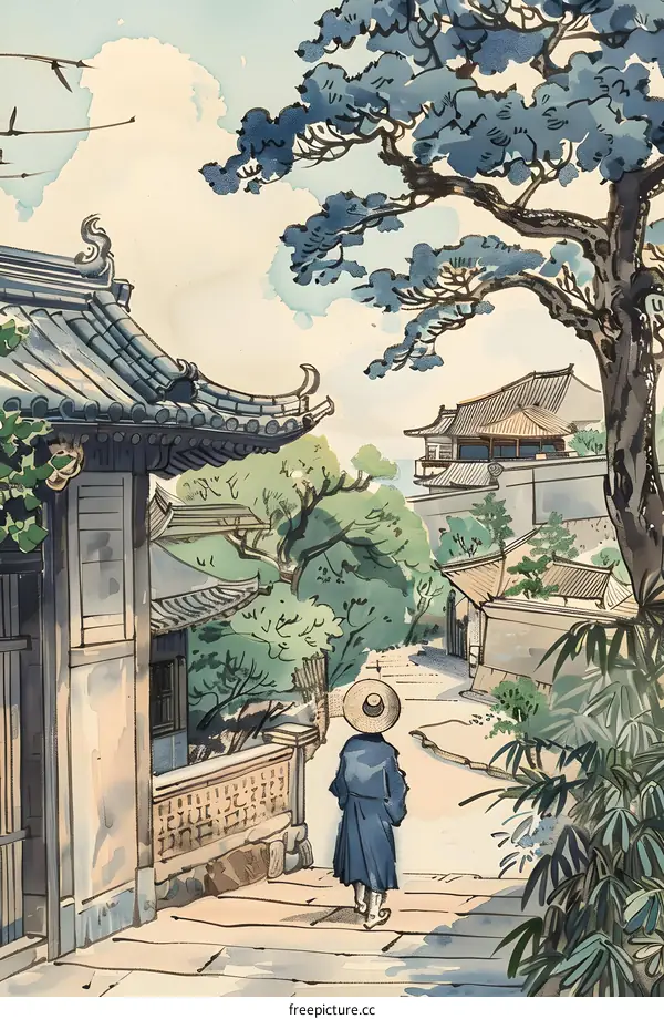 Traditional Japanese Watercolor Painting of a Man Walking Through a Village