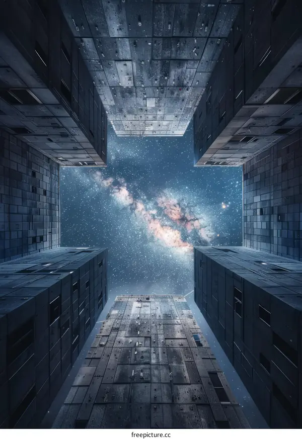 An upward view of a night sky between four concrete buildings