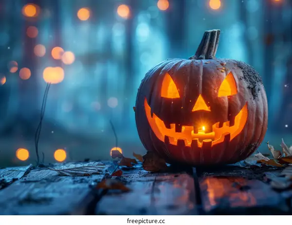 Glowing Halloween Pumpkin in a Dark Forest