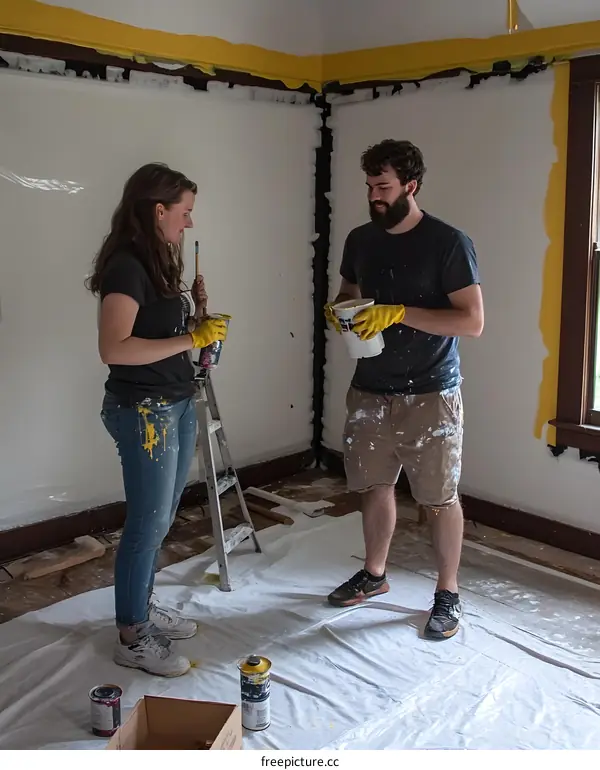 Couple Painting Room Together During Home Renovation