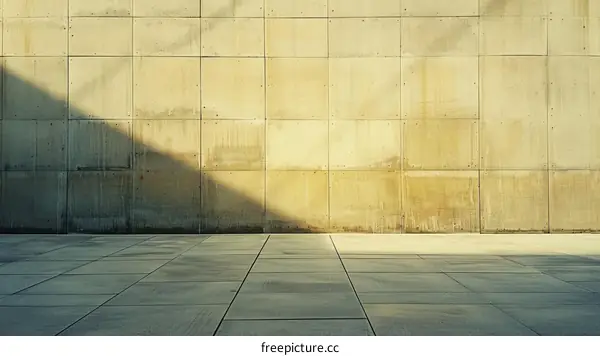 Large empty concrete wall with square tiles and a tiled floor in front of it