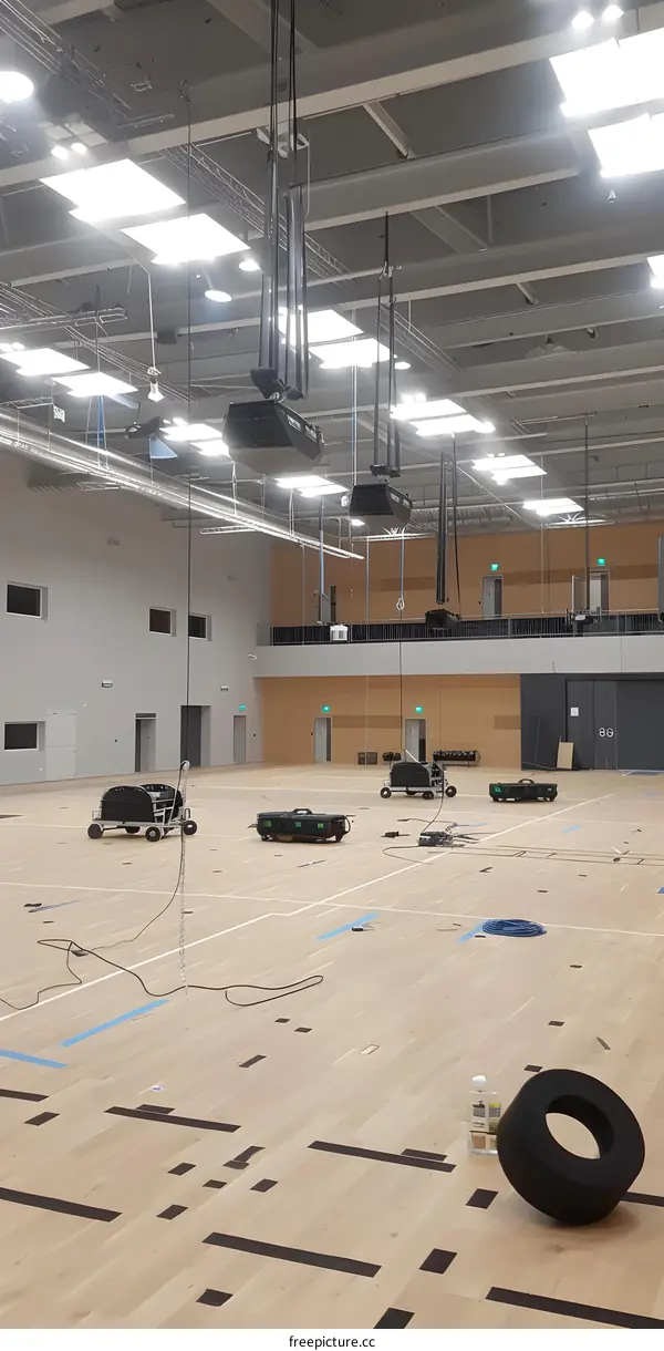 Empty Gymnasium With Suspended Lights And A Tire