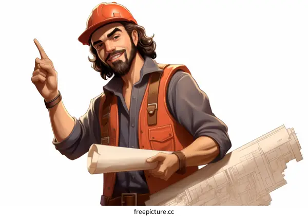 Hispanic construction worker in hardhat holding blueprints