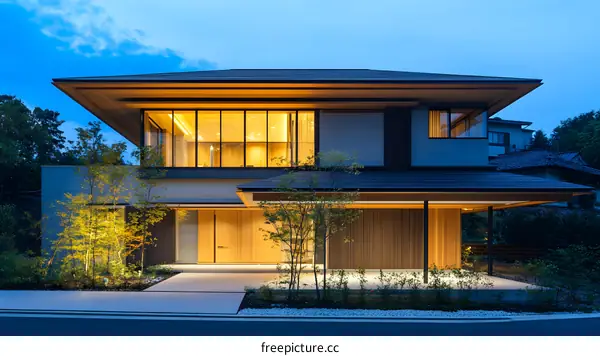 Modern Japanese House with Wooden Exterior and Large Windows at Night