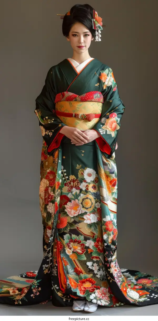 A Japanese woman wearing a traditional kimono with a floral pattern