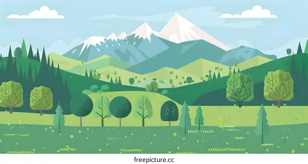 Green Mountain Landscape with Trees and Flowers