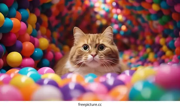 A ginger cat is sitting in a ball pit