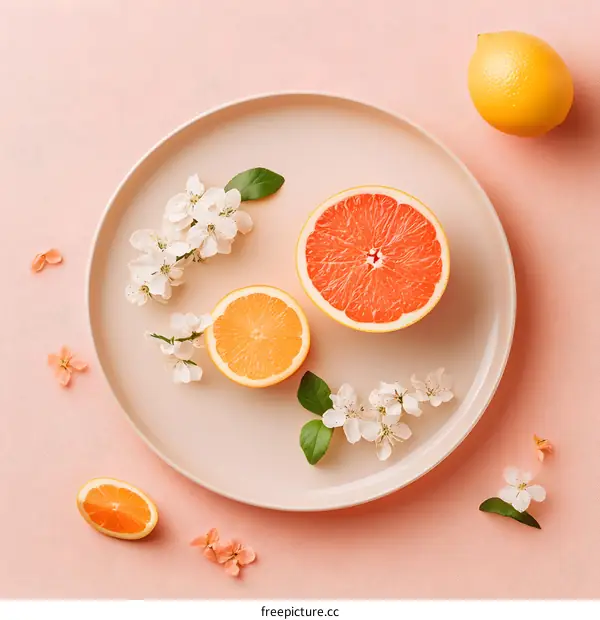 Fresh Citrus Fruits and Blossoms on Pink Background