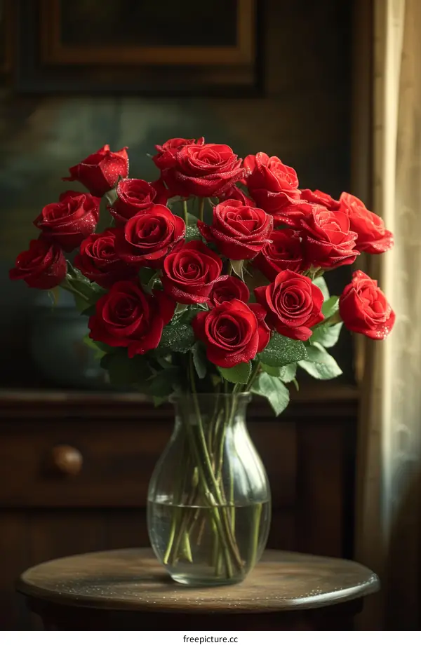 A beautiful bouquet of red roses in a glass vase