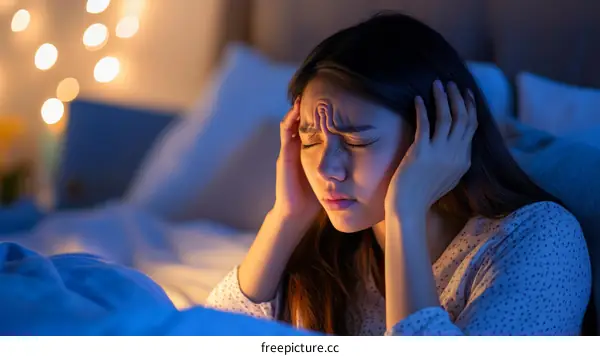 Woman Suffering from Headache in Bed at Night