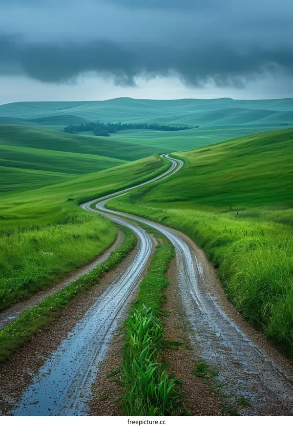 Curving rural road through the green hills