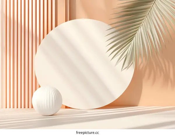 Minimalist 3D Render of White Sphere and Palm Leaf on Peach Background