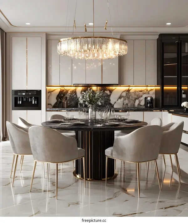 Modern Kitchen Interior Design with Marble Backsplash and Gold Accents
