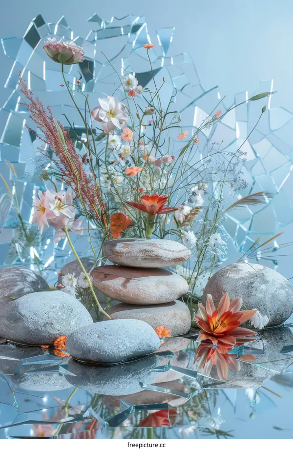 Still life with stones, water, and flowers