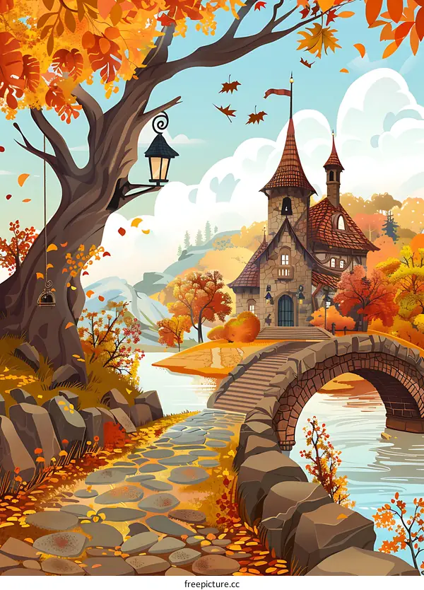 Autumn Landscape with Stone Bridge and Castle