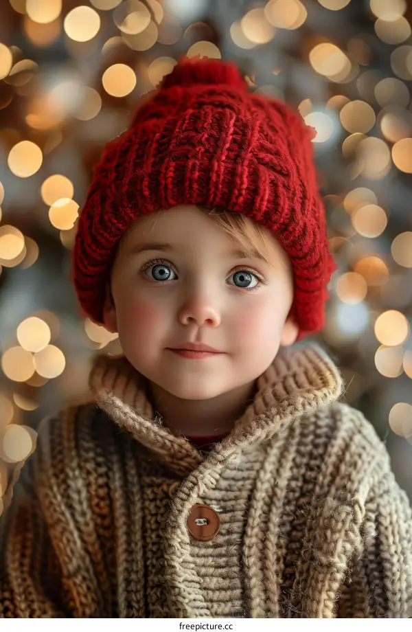Little boy in red hat looking at camera with blue eyes