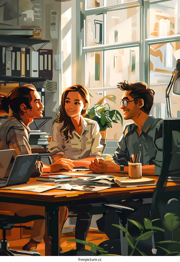 Three people in a meeting discussing ideas