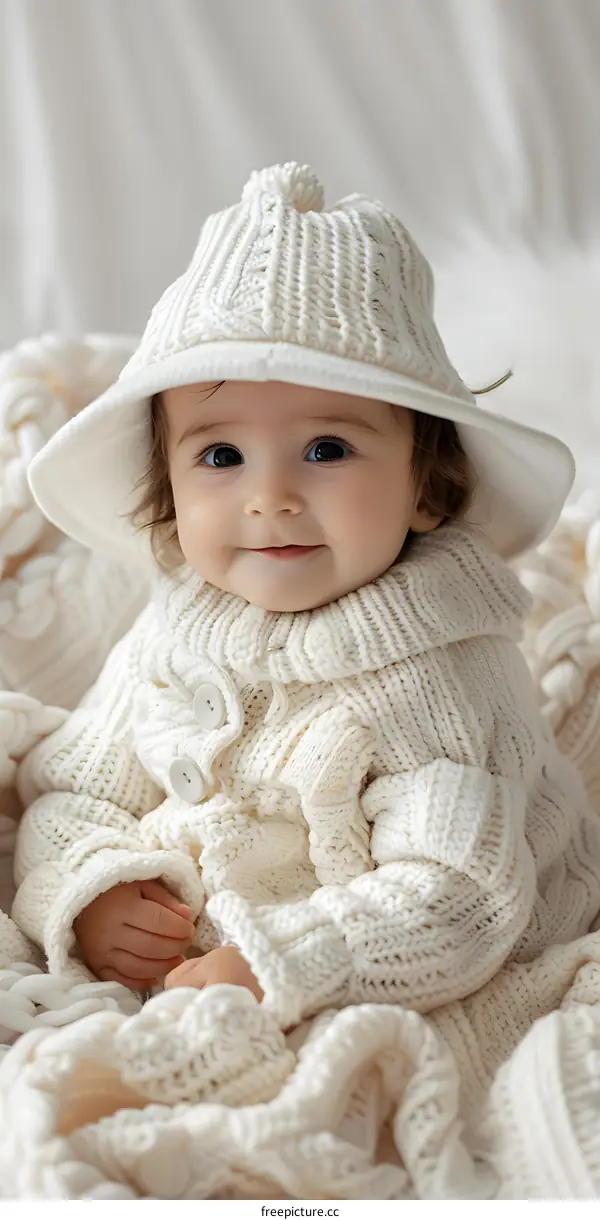 Cute Baby Girl Wearing Knitted Hat and Sweater