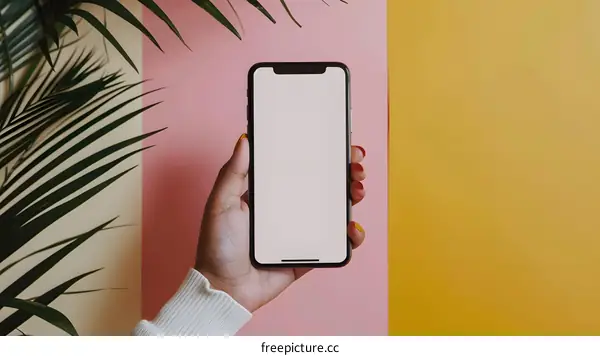 Hand Holding Smartphone with Blank Screen on Pink and Yellow Background