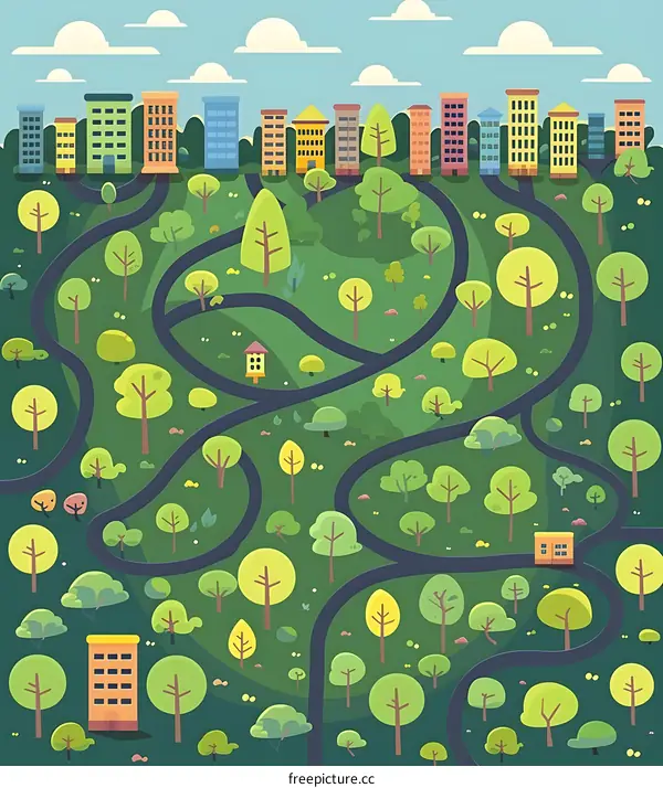 Cartoon City Park Illustration With Winding Paths