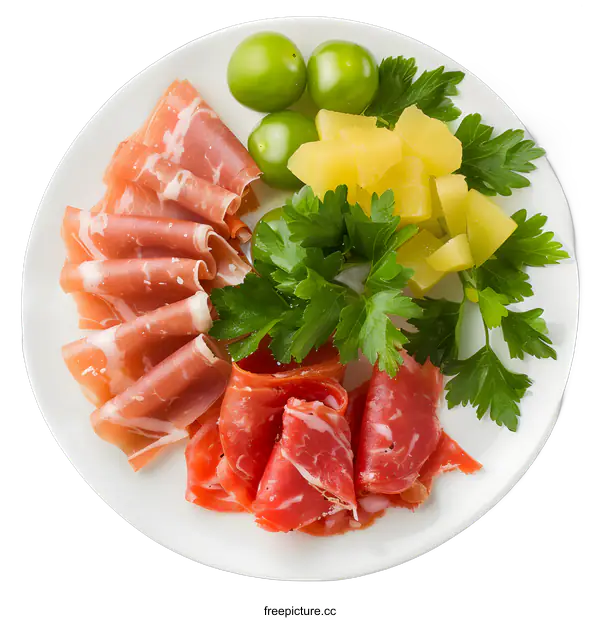 [Transparent Background PNG]Prosciutto and Salami Meat Plate with Green Tomatoes and Parsley
