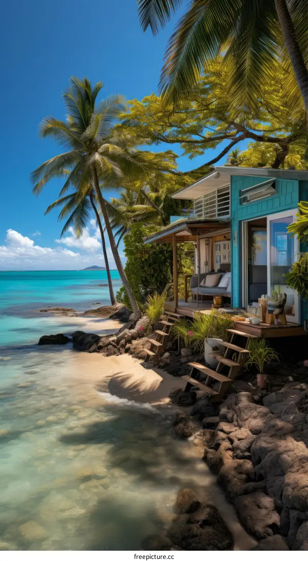 Beachfront house with palm trees and blue water