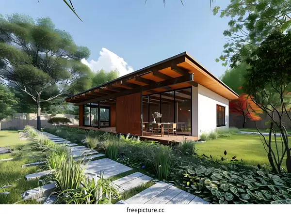 Modern House Design with Wooden Beams and Green Garden
