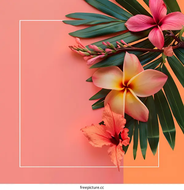Tropical Flowers and Palm Leaves on Pink Background