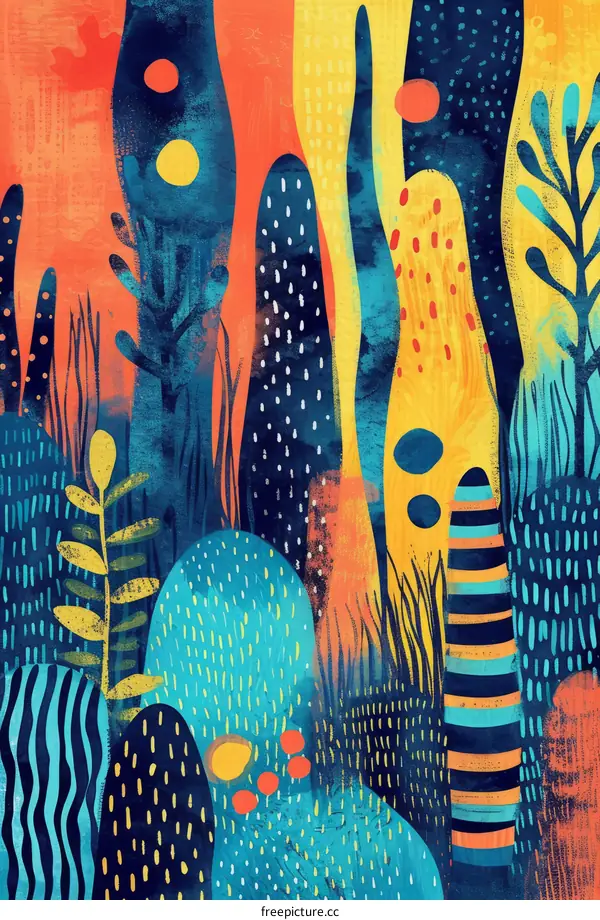 Colorful abstract painting with geometric shapes and foliage