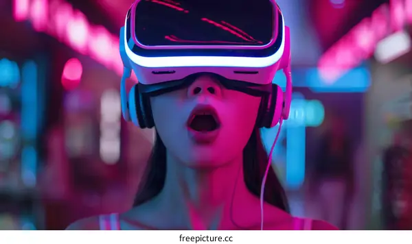 Asian woman wearing a VR headset and headphones