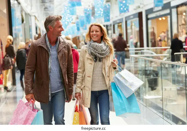 Couple Shopping in a Mall with Colorful Shopping Bags