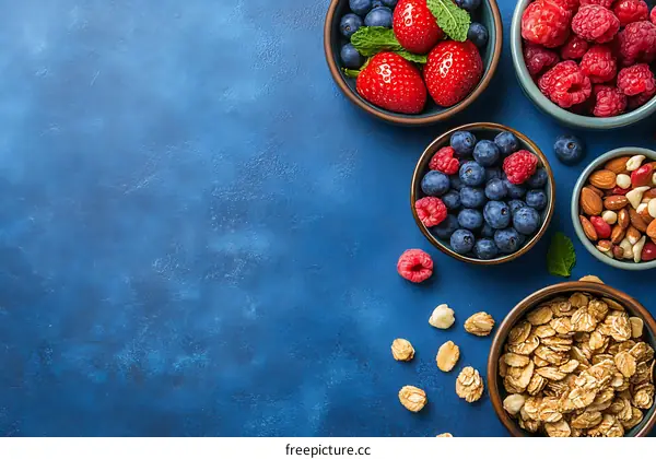 Healthy Breakfast with Cereal Berries and Nuts on Blue Background